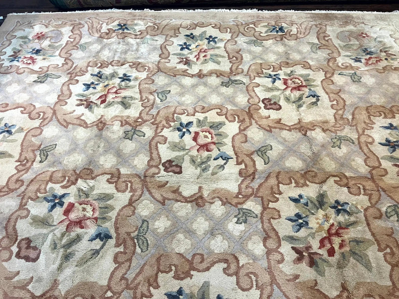 Indo Chinese Aubusson Wool Rug 11x16, Palace Sized Carpet, Oversized Handmade Vintage Rug, European Design by Jewel Rugs