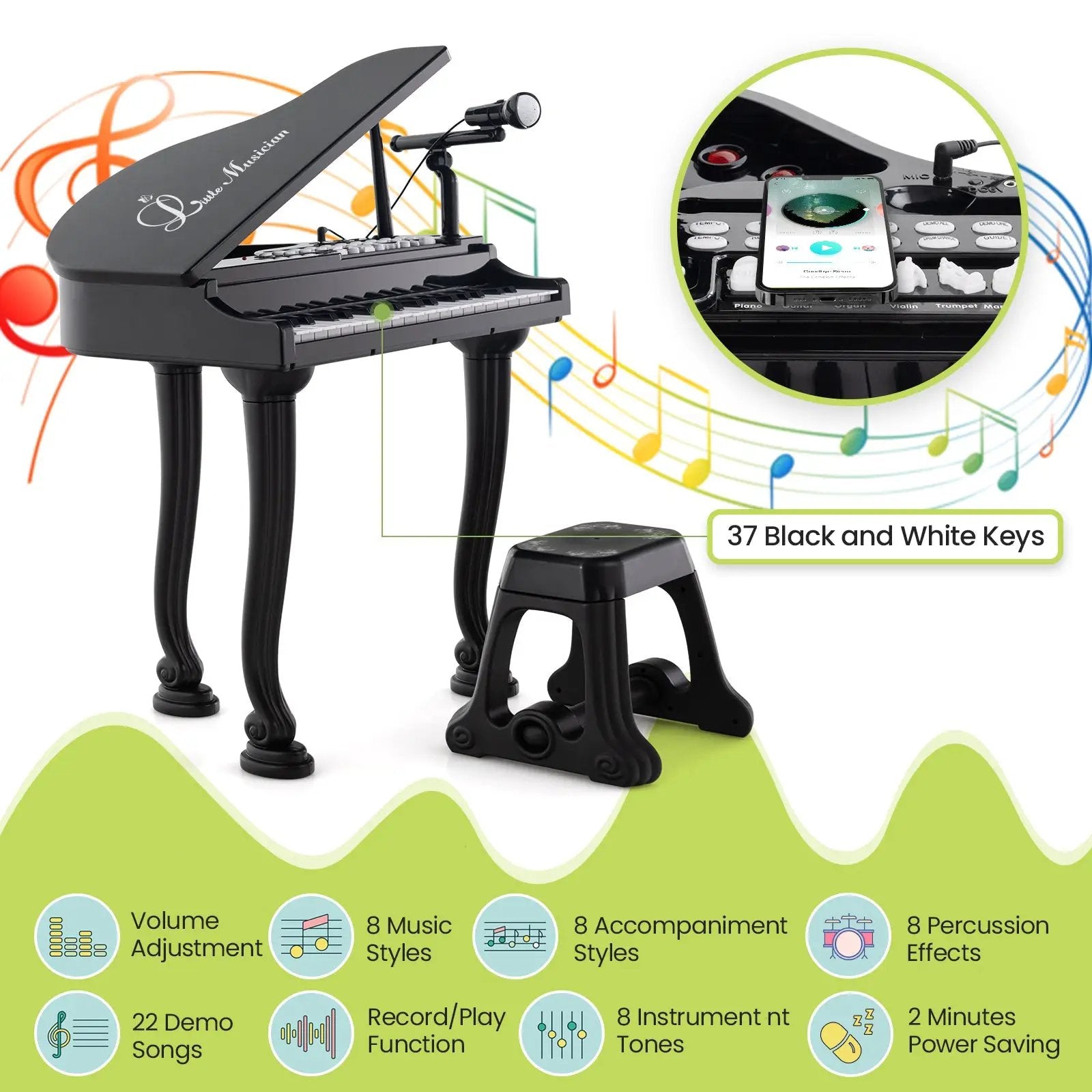 37 Keys Kids Piano Keyboard with Stool and Piano Lid by DirectDeals