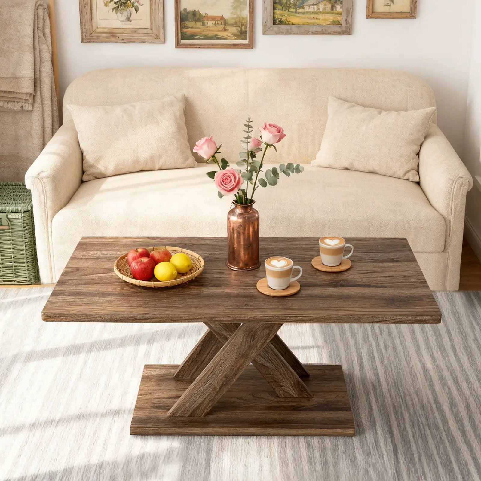 37.5 Inch Rectangular Coffee Table with Stable Base and Rubber Wood Connection for Living Room-Brown by DirectDeals