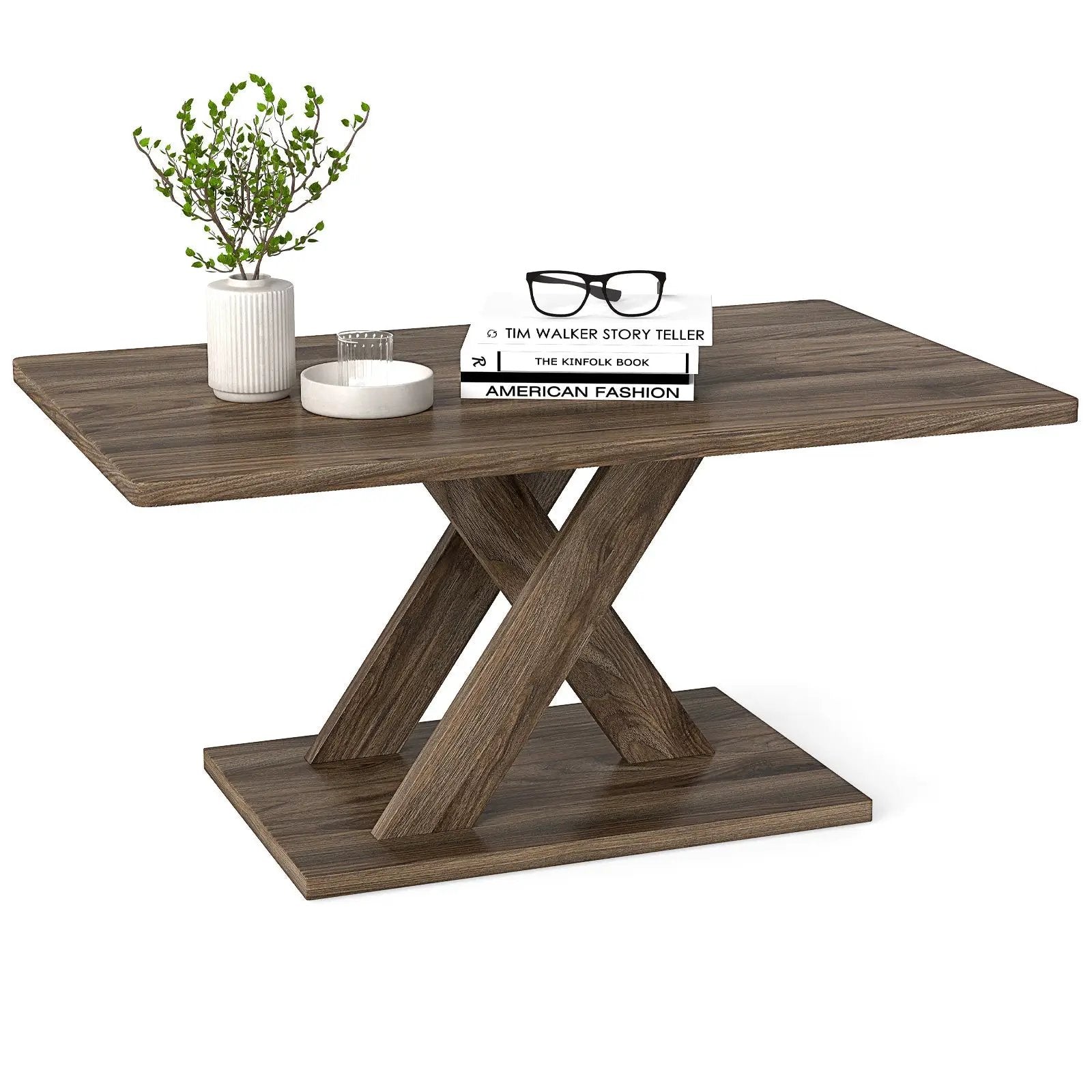 37.5 Inch Rectangular Coffee Table with Stable Base and Rubber Wood Connection for Living Room-Brown by DirectDeals
