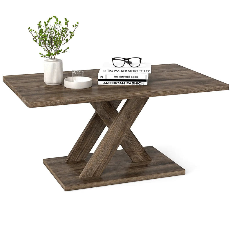 37.5 Inch Rectangular Coffee Table with Stable Base and Rubber Wood Connection for Living Room-Brown by DirectDeals