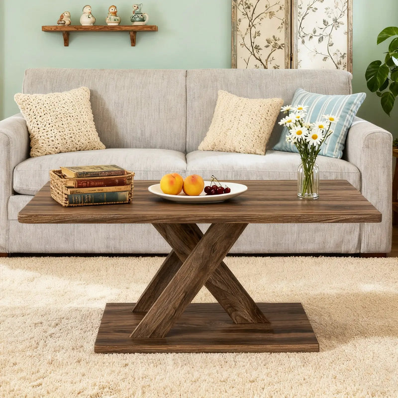 37.5 Inch Rectangular Coffee Table with Stable Base and Rubber Wood Connection for Living Room-Brown by DirectDeals