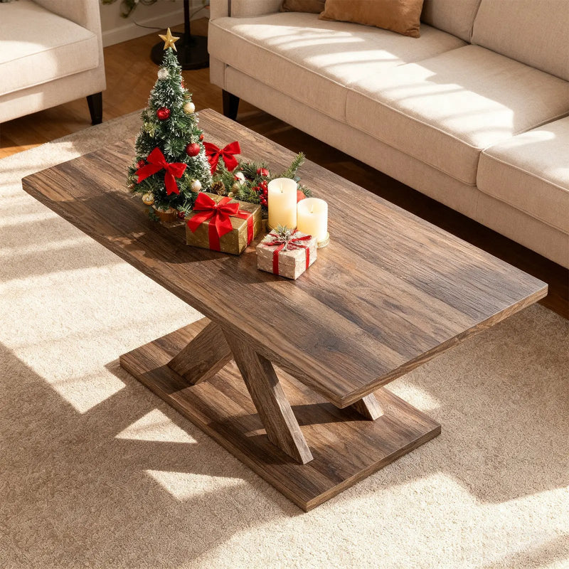37.5 Inch Rectangular Coffee Table with Stable Base and Rubber Wood Connection for Living Room-Brown by DirectDeals