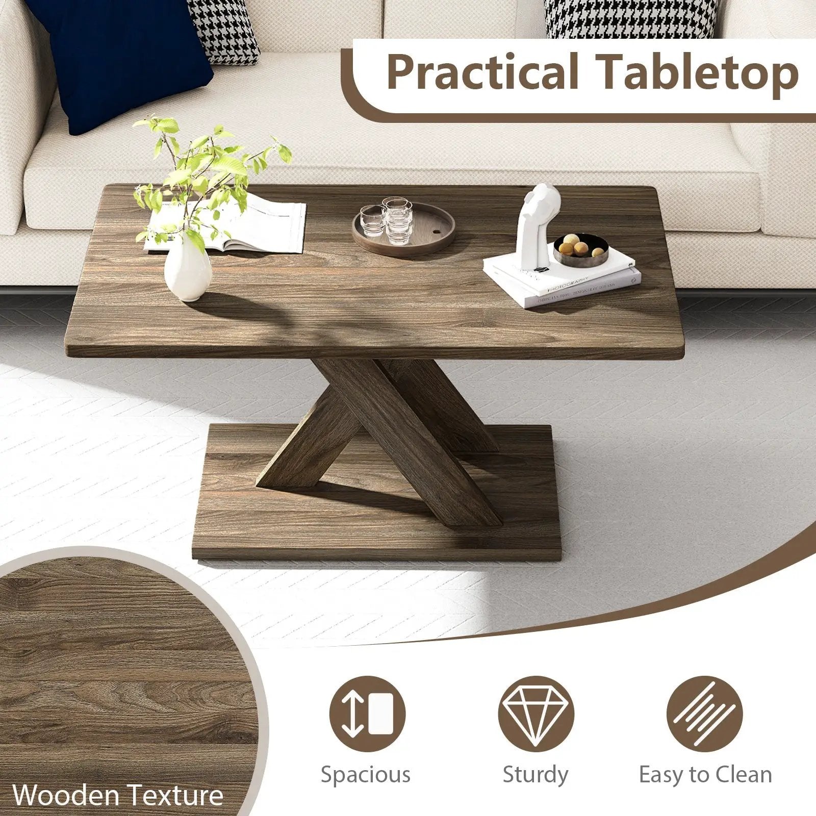 37.5 Inch Rectangular Coffee Table with Stable Base and Rubber Wood Connection for Living Room-Brown by DirectDeals