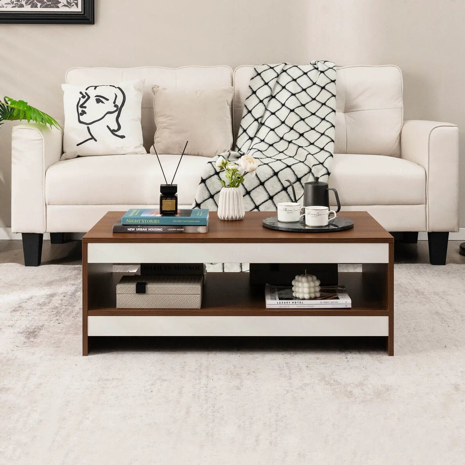 37 Inch 2-Tier Rectangle Wooden Coffee Table with Storage Shelf-Wulnat by DirectDeals