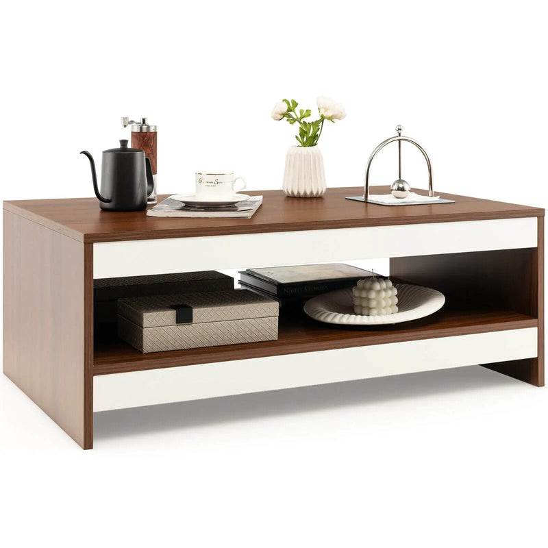 37 Inch 2-Tier Rectangle Wooden Coffee Table with Storage Shelf-Wulnat by DirectDeals
