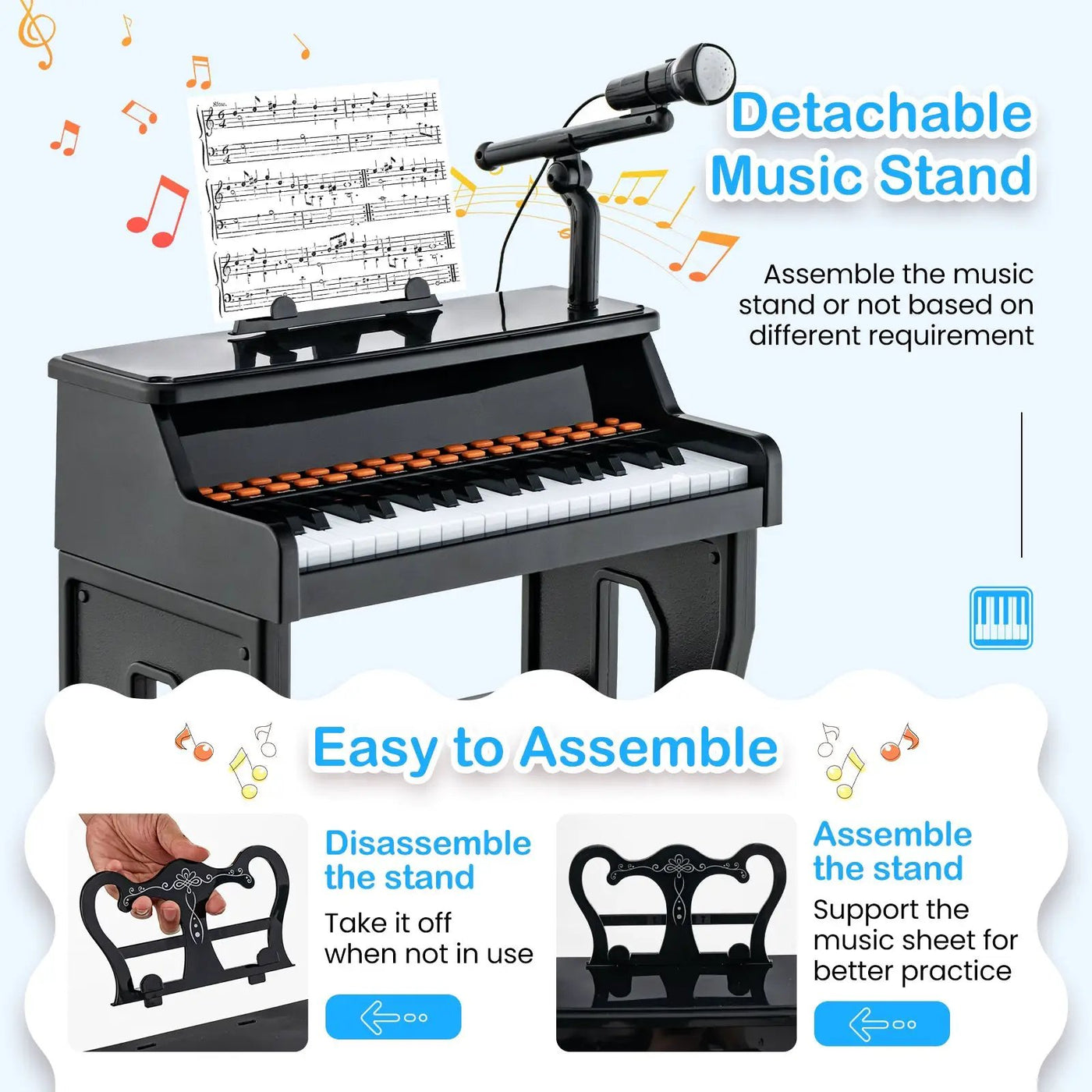 37 Keys Music Piano with Microphone Kids Piano Keyboard with Detachable Music Stand by DirectDeals