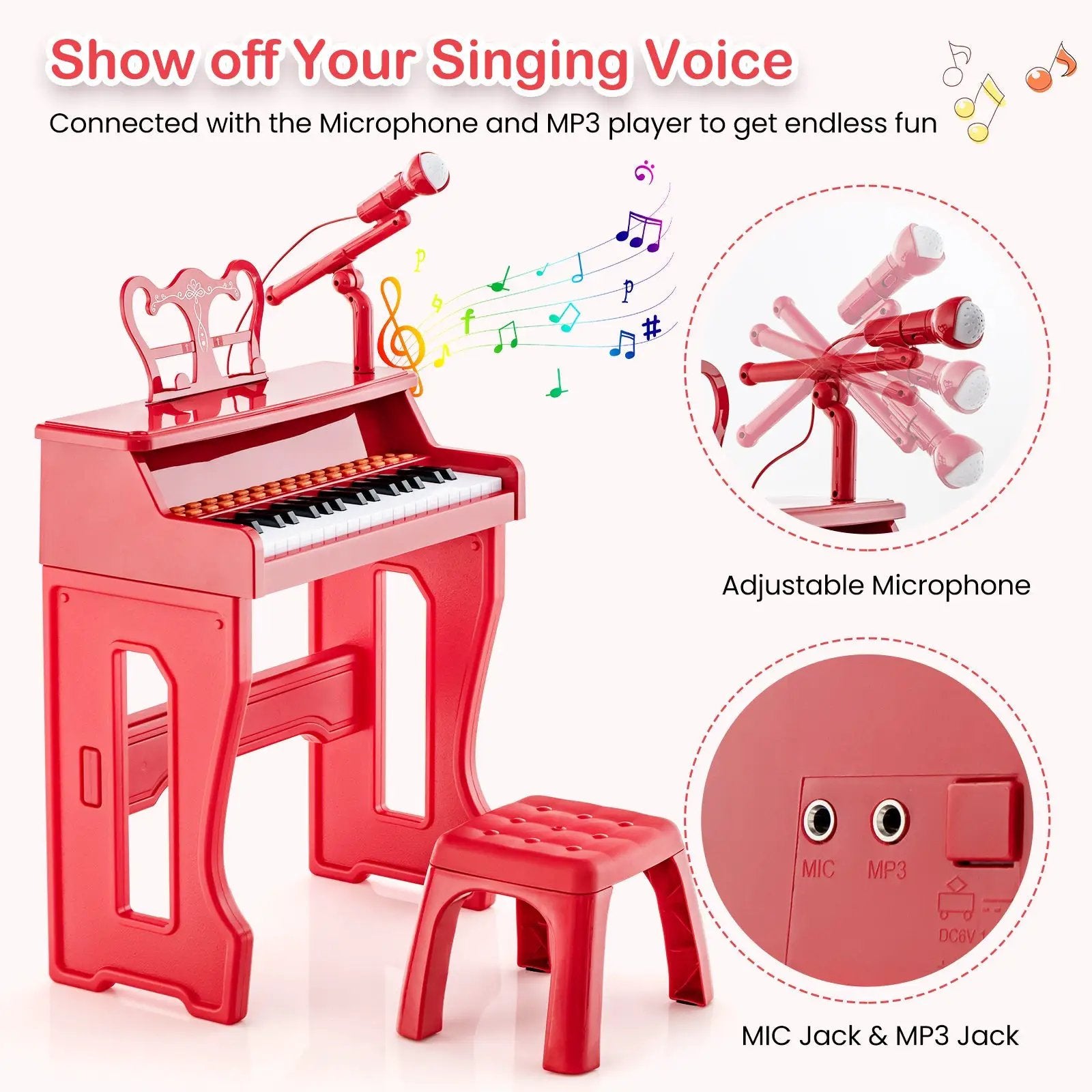 37 Keys Music Piano with Microphone Kids Piano Keyboard with Detachable Music Stand by DirectDeals