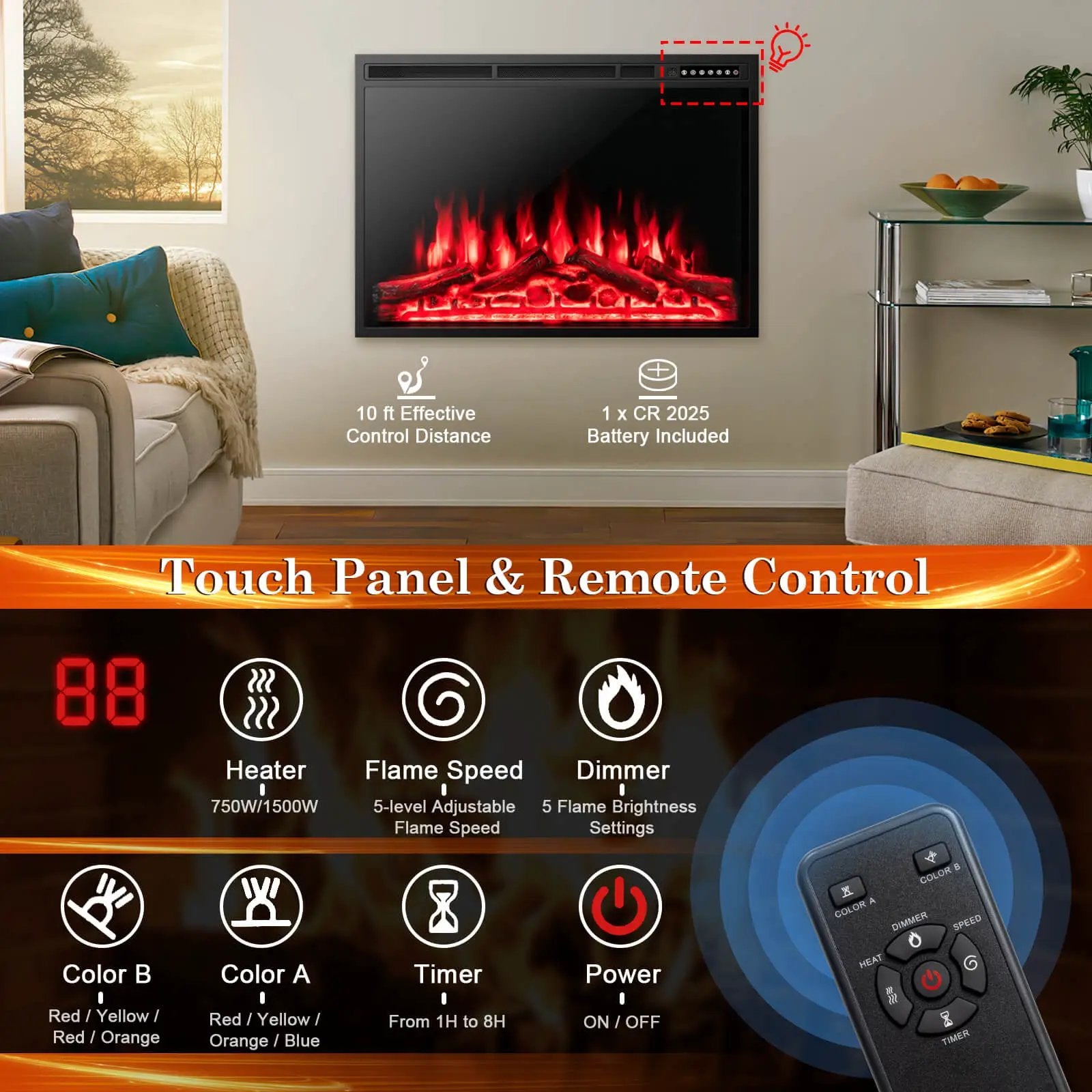 Electric Fireplace Recessed 34/37 Inch with Adjustable Flames by DirectDeals