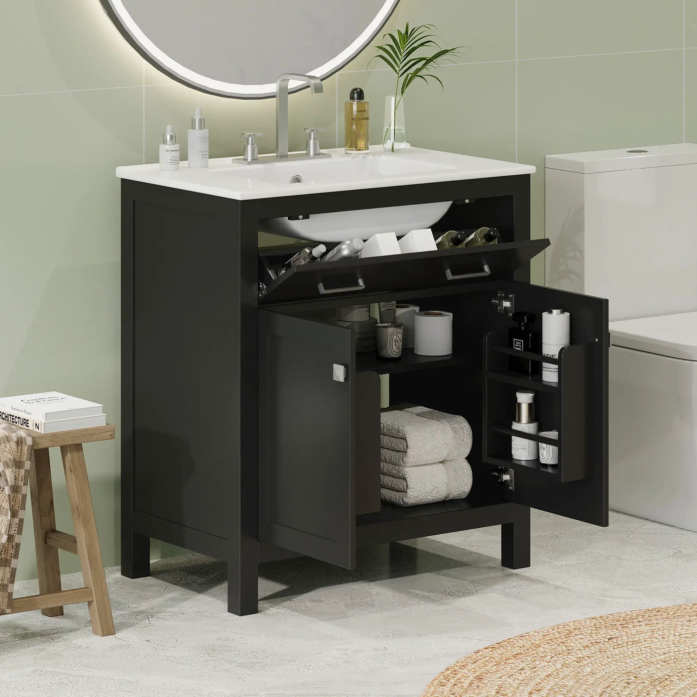 Bathroom Vanity With Ceramic Sink, Modern Single Bathroom Cabinet With 2 Doors And A Shelf, Soft Close Doors by HouseOfZazla