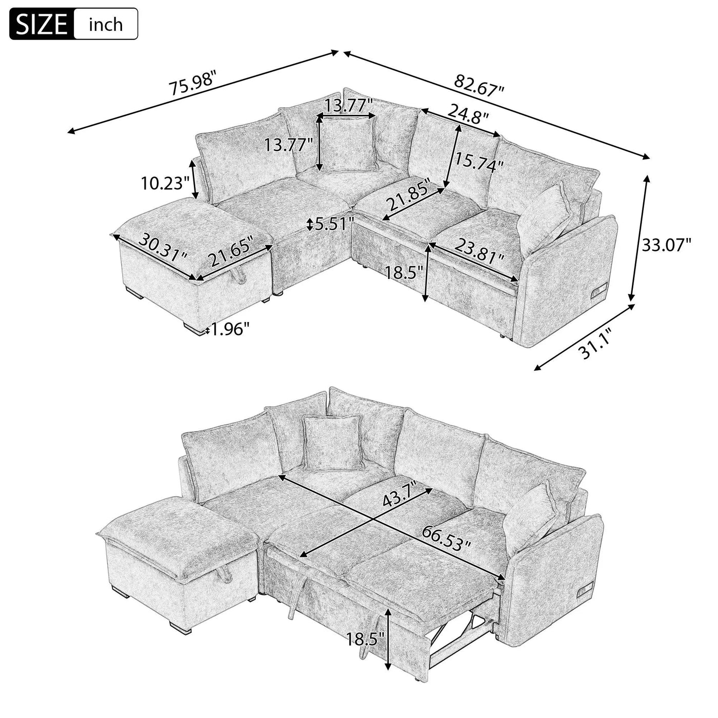 Convertible Sofa Bed Sectional Sofa Sleeper L-Shaped Sofa With A Storage Ottoman, Two Pillows, Two Power Sockets And Two USB Ports For Living Room by HouseOfZazla