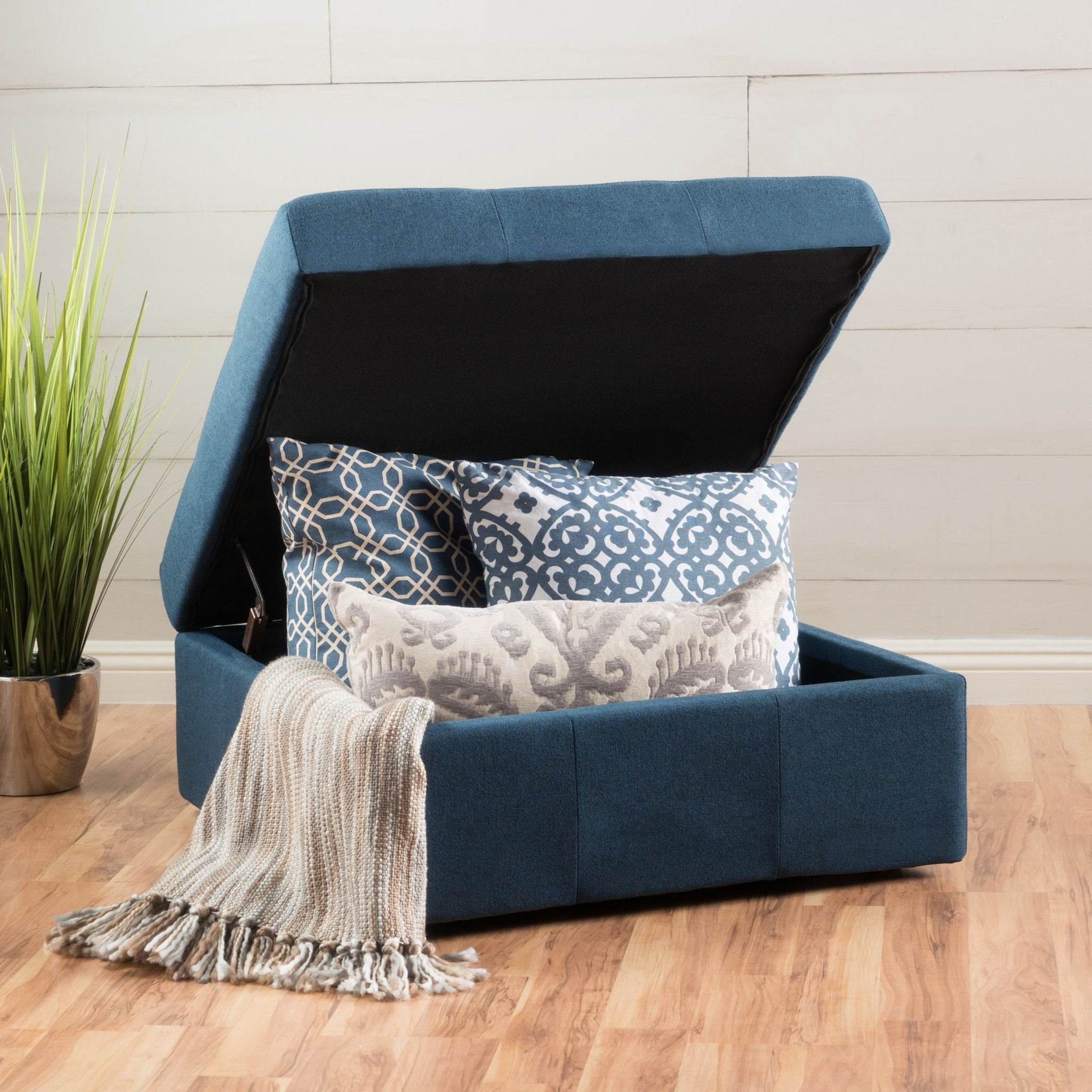 Flip Top Ottoman With Tufted Waffle Stitch And Rolling Casters - Navy Blue by HouseOfZazla