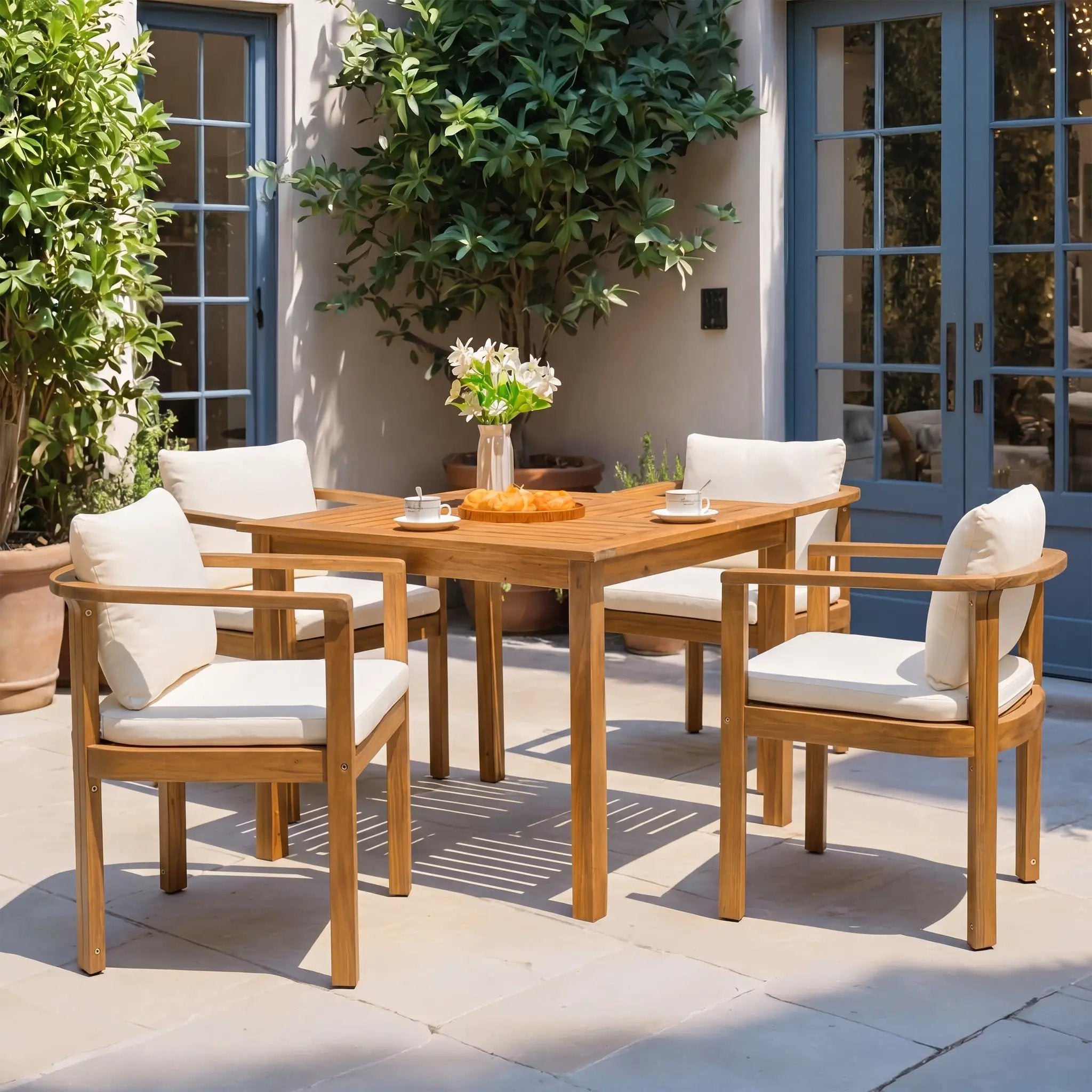 Outdoor Dining Chair Set of 4 with Curved Acacia Wood Arms by HouseOfZazla