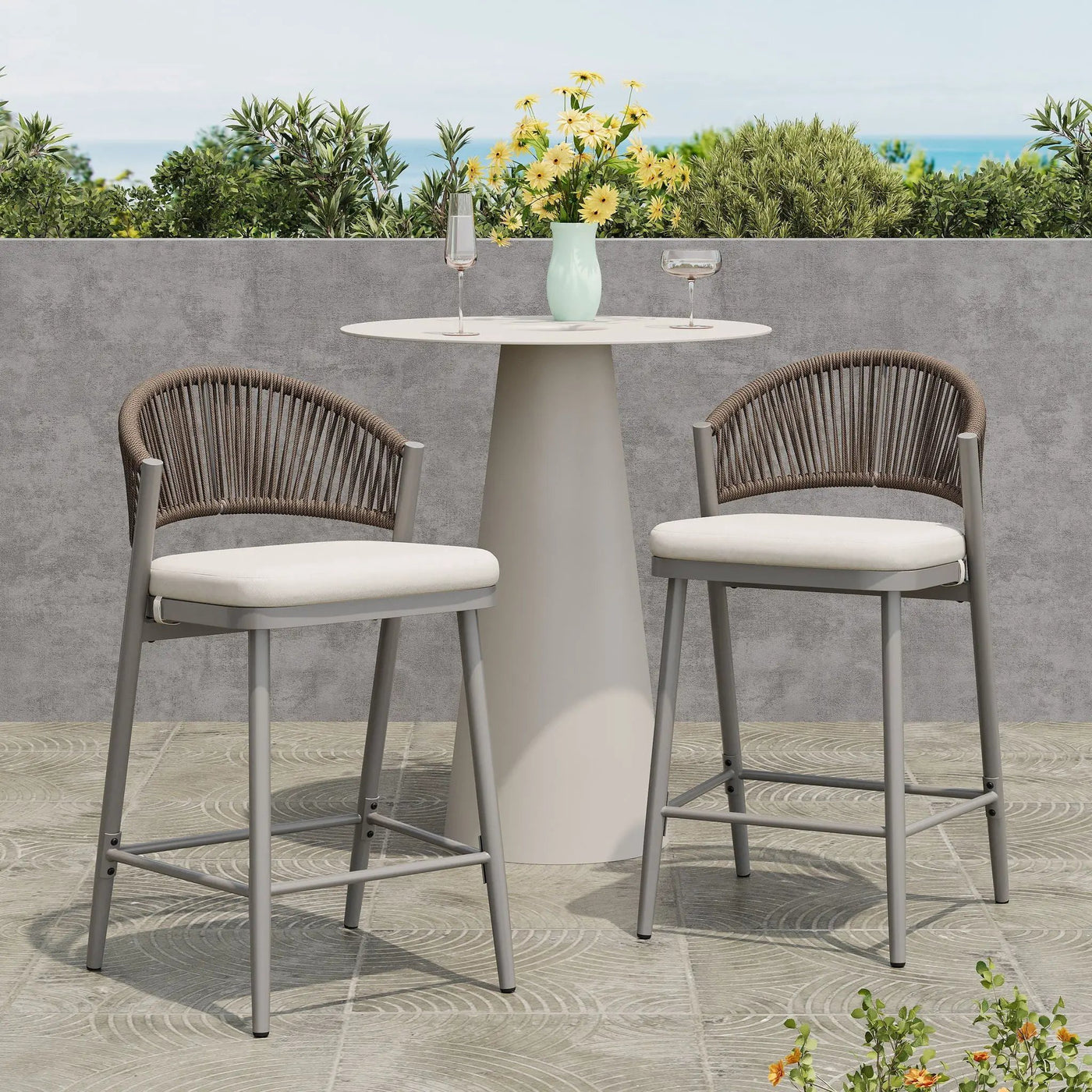 Outdoor 26" Counter Height Metal Frame Counter Stools With Scallop Shaped Backrest & Water Resistant Cushions by HouseOfZazla