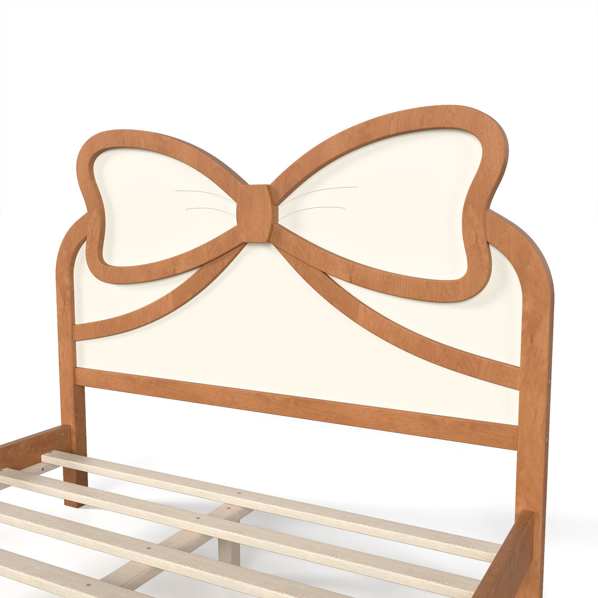 Full Size Wooden Platform Bed with Bow Headboard, Solid Wood Bed Frame with Slatted Support, Low Profile Platform Bed for Kid Teens Girls, No Box Spring Needed,Beige&Natural, photo 8 of 10
