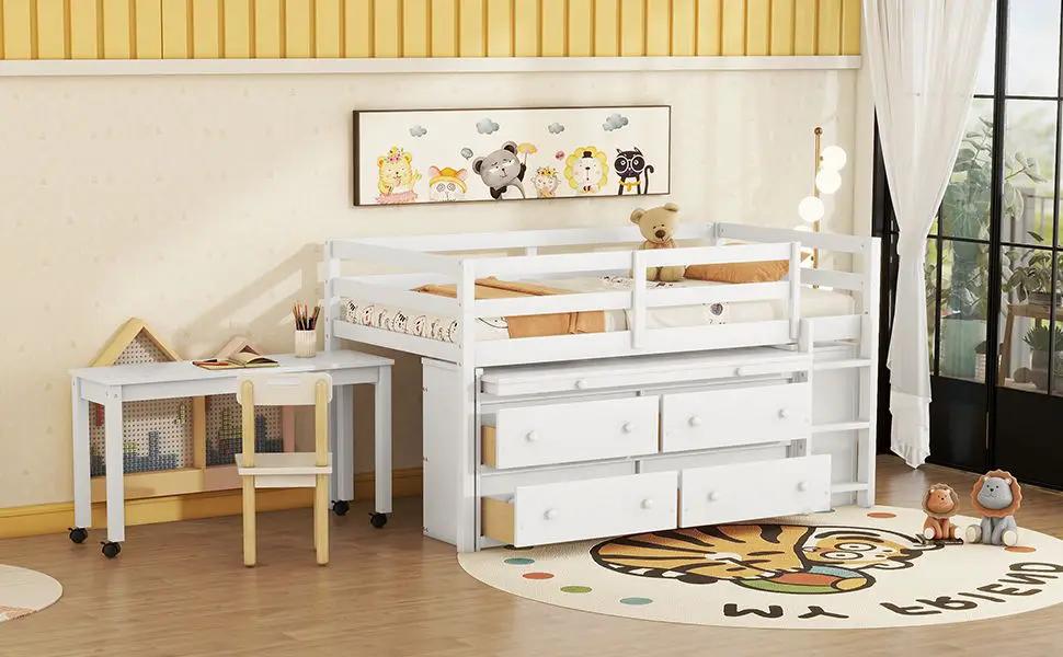 Loft Bed With Retractable Writing Desk And 4 Drawers, With Lateral Portable Desk And Shelves by HouseOfZazla