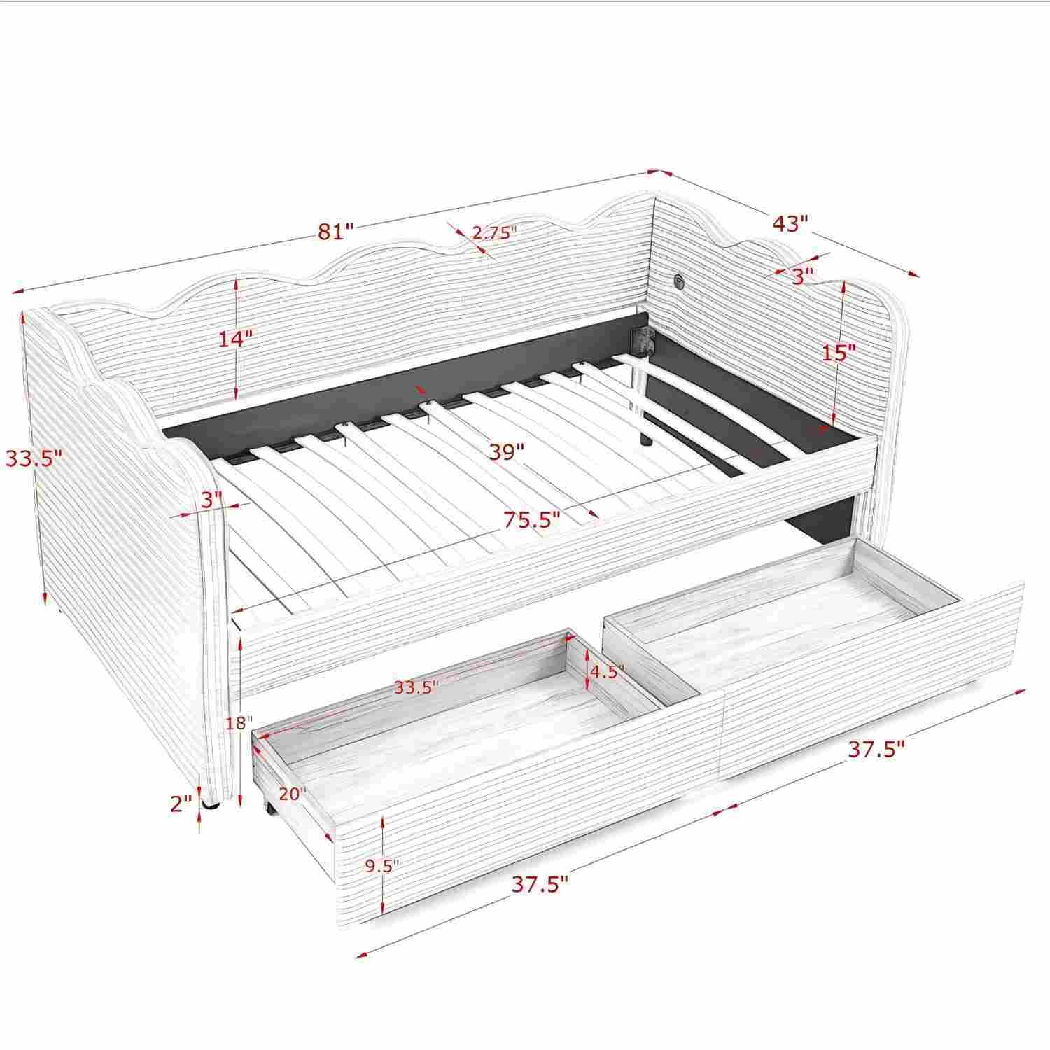 Gingham Daybed With USB Charging Port, Wave-Shaped Design by Unique Piece Furniture