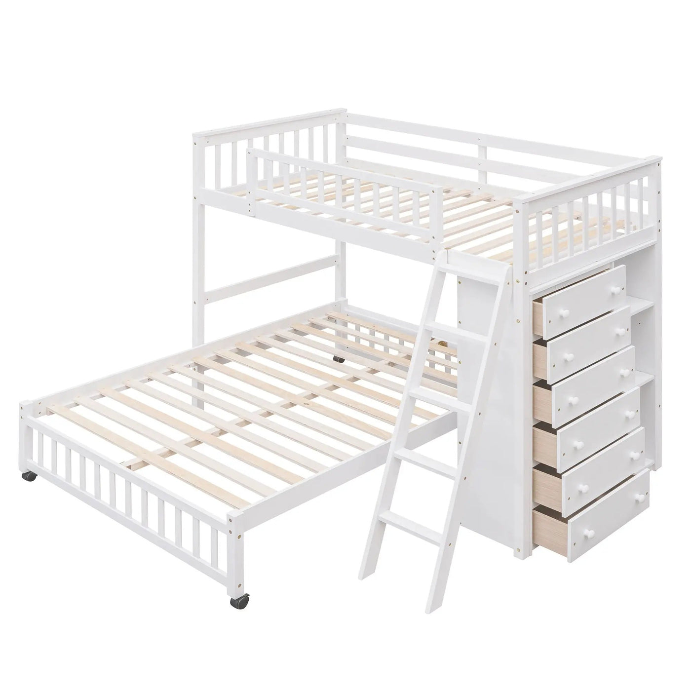 Bunk Bed With 6 Drawers And Flexible Shelves, Bottom Bed With Wheels by HouseOfZazla