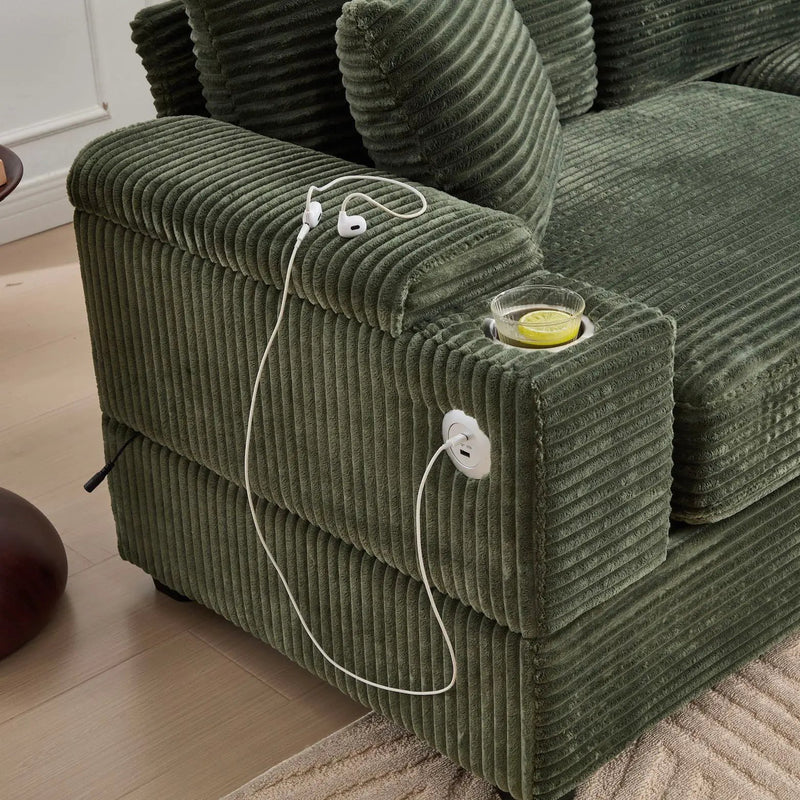 Convertible Sectional Sofa Bed Set With Armrest Storage, Cup Holder, USB, 4 Seater - Green by HouseOfZazla