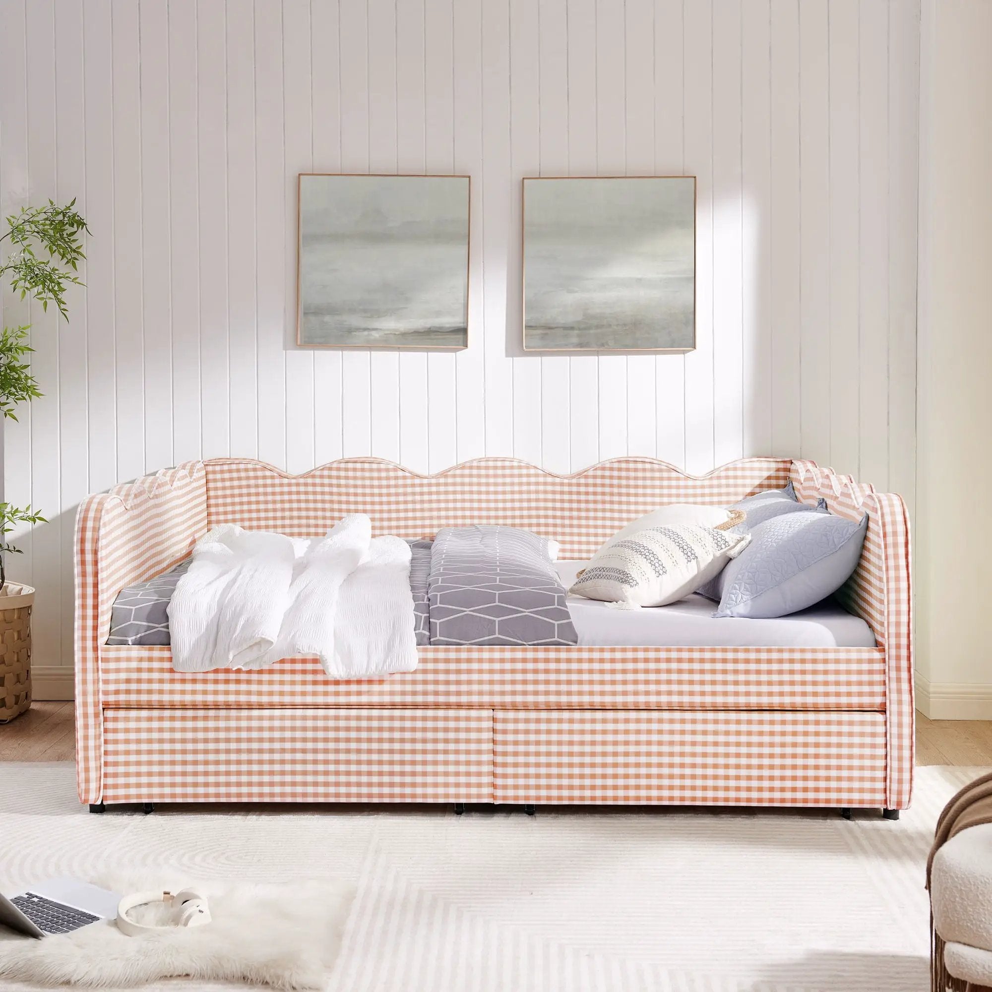 Gingham Daybed With USB Charging Port, Wave-Shaped Design by Unique Piece Furniture