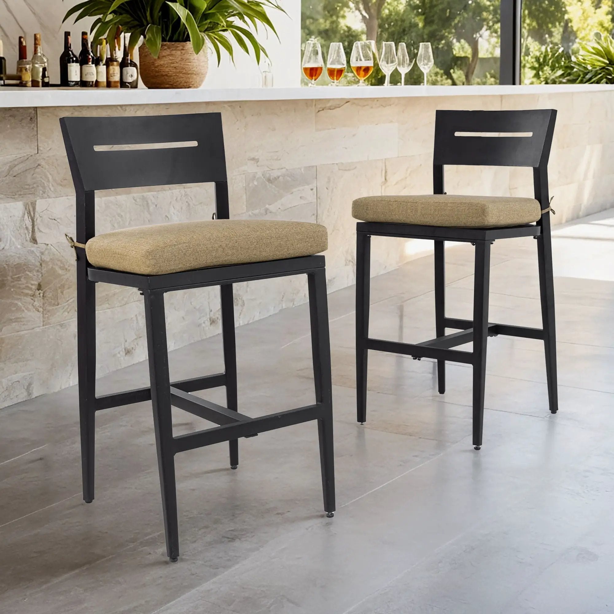 Modern Outdoor Bar Stools With Backrest And Footrest (Set of 2) by HouseOfZazla