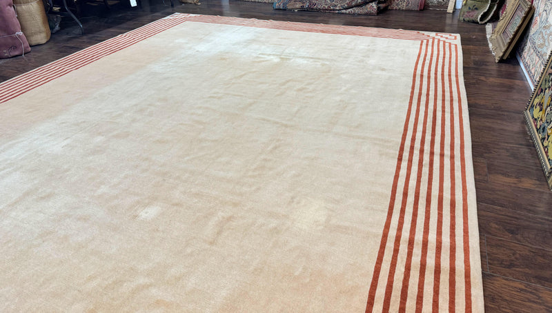 Modern Tibetan Rug 11 x 14.6, Wool and Silk, Simple Design, Handmade Large Area Rug, Cream by Jewel Rugs