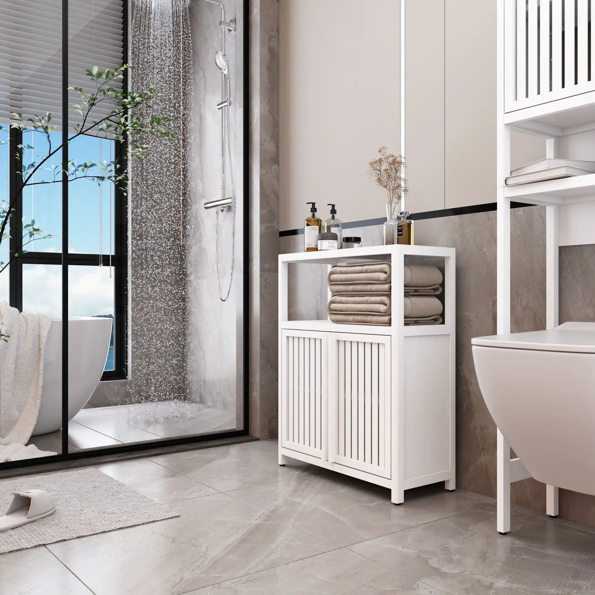 Bamboo Large Capacity Storage Cabinet With Shelves For Bathroom And Living Room - White by Unique Piece Furniture