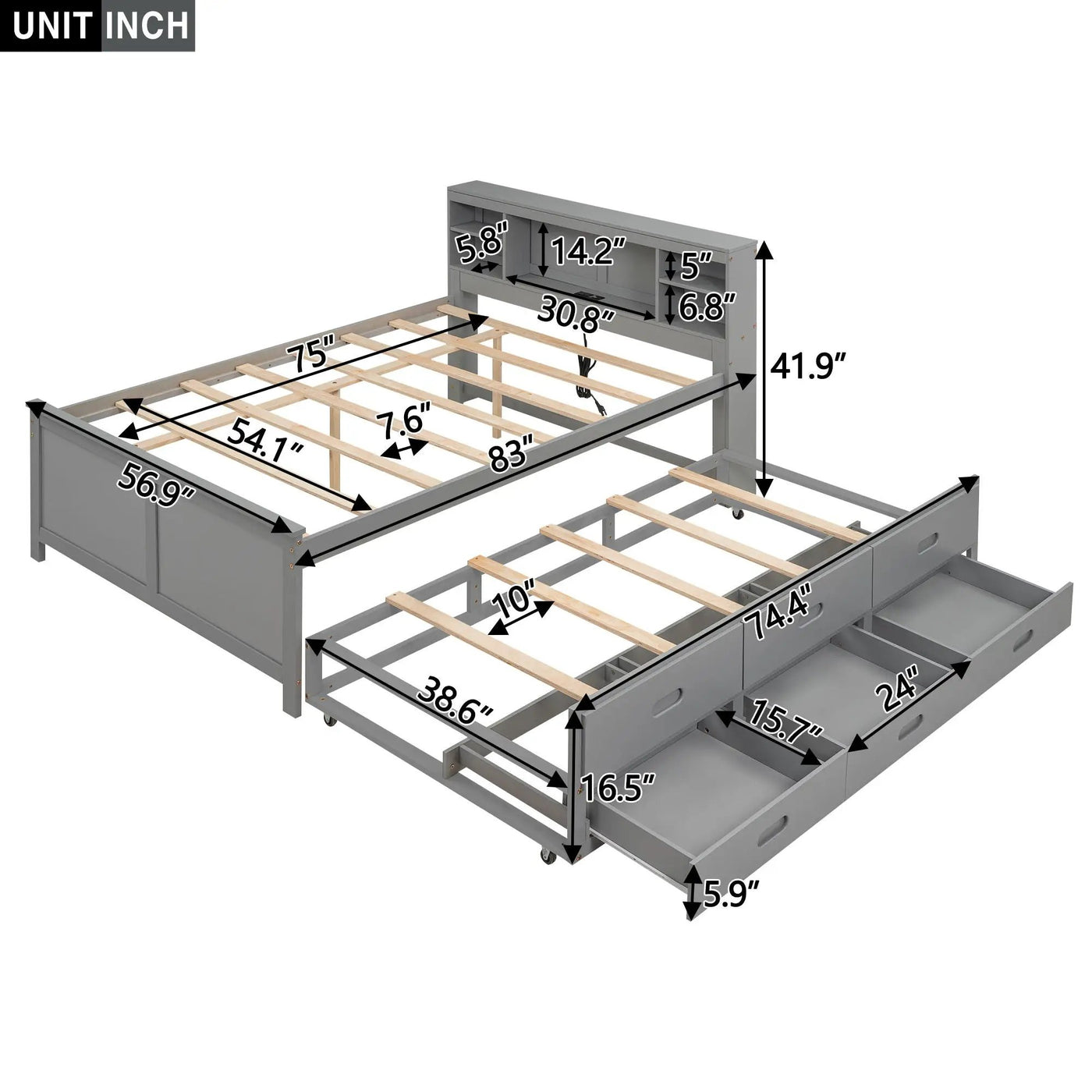Platform Bed With Storage Headboard, USB, Trundle And 3 Drawers by HouseOfZazla