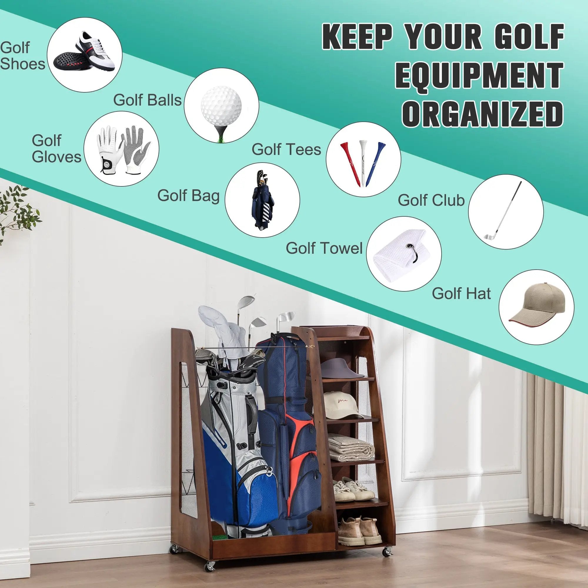 Premium Wooden Golf Bag Organizer for Garage by HouseOfZazla