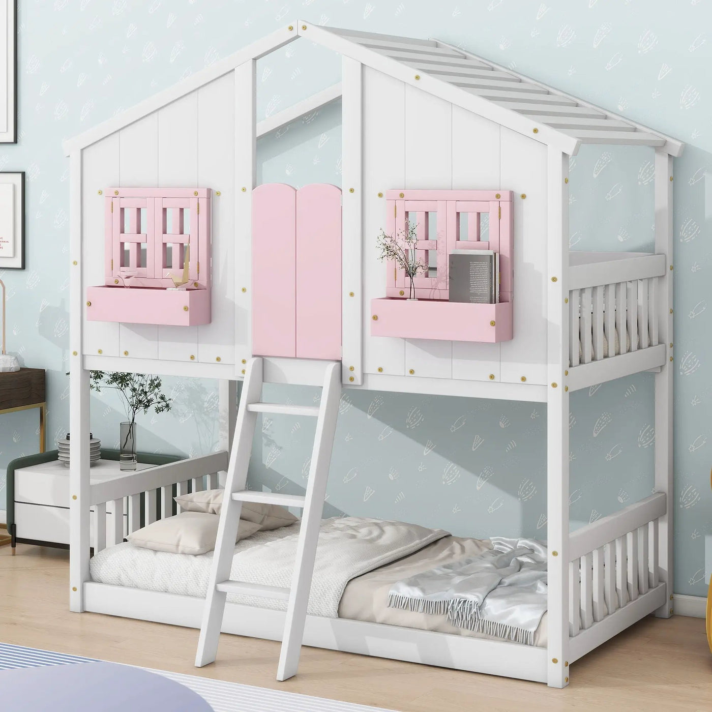 House Bunk Bed With Roof, Window, Window Box, Door, With Safety Guardrails And Ladder by HouseOfZazla