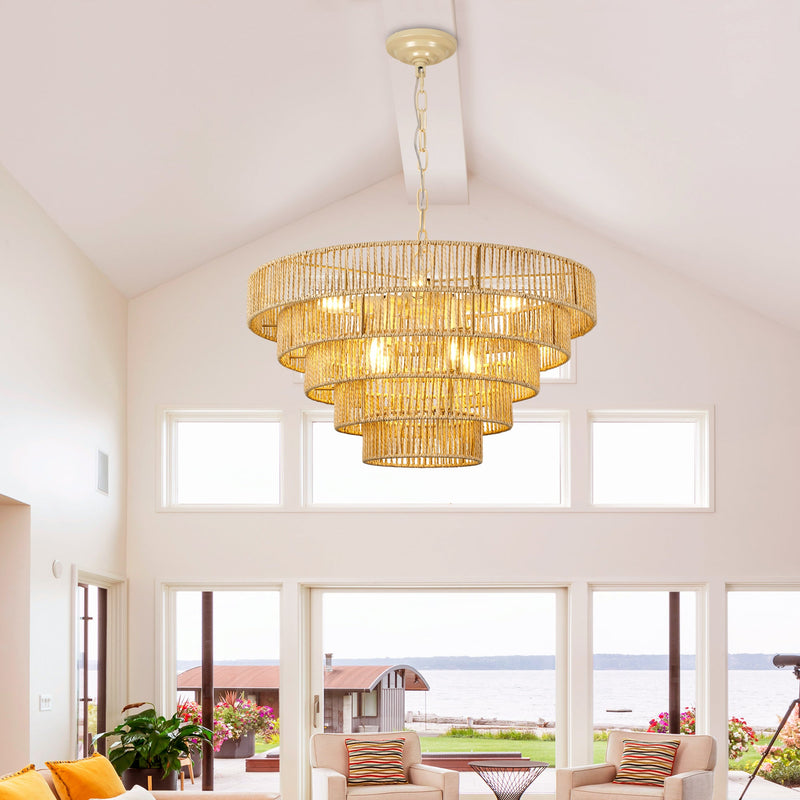 5-Tier Living Room Chandelier with Glass Lampshade - Off-White