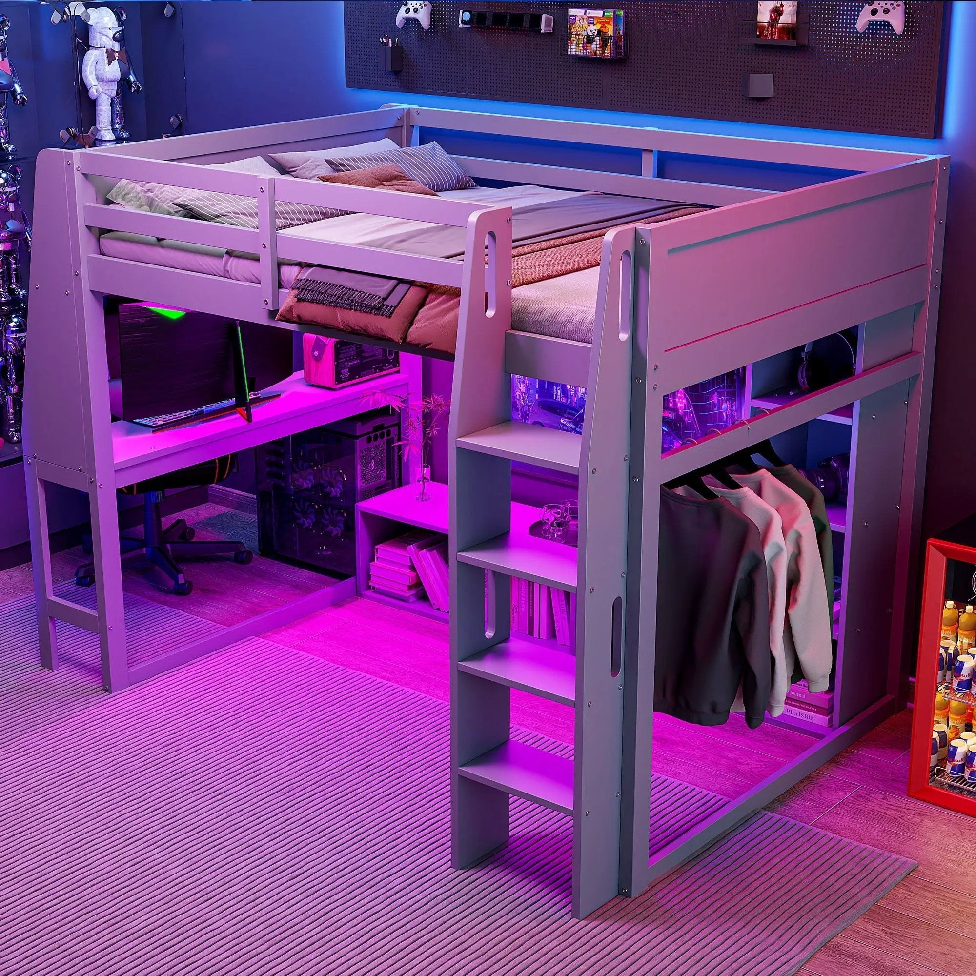 Full Size Gaming Loft Bed With Desk, Multi Storage Shelves, LED Lighting, And Hanging Clothes Rack - Gray by HouseOfZazla