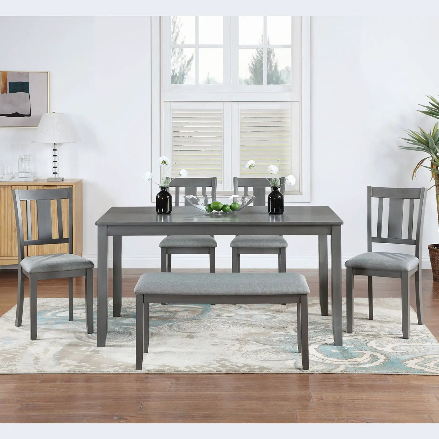 6 Pieces Kitchen Dining Set, Rectangular Wooden Dining Table With 4 Upholstered Chairs And A Bench by HouseOfZazla