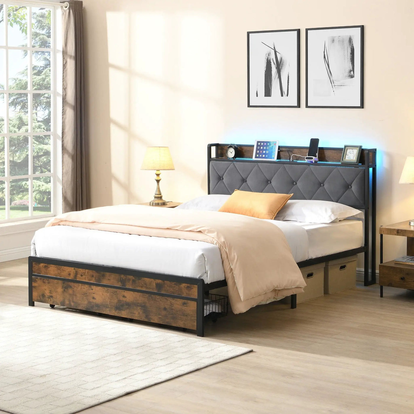 Modern Bed Frame With LED Lights, Upholstered Headboard, USB Charging by HouseOfZazla