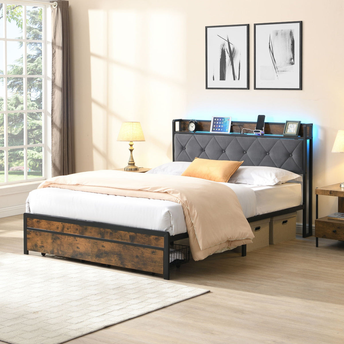 Modern Platform Bed Frame with LED Lights and USB Charging - Dark Brown or Light Brown, photo 5 of 16