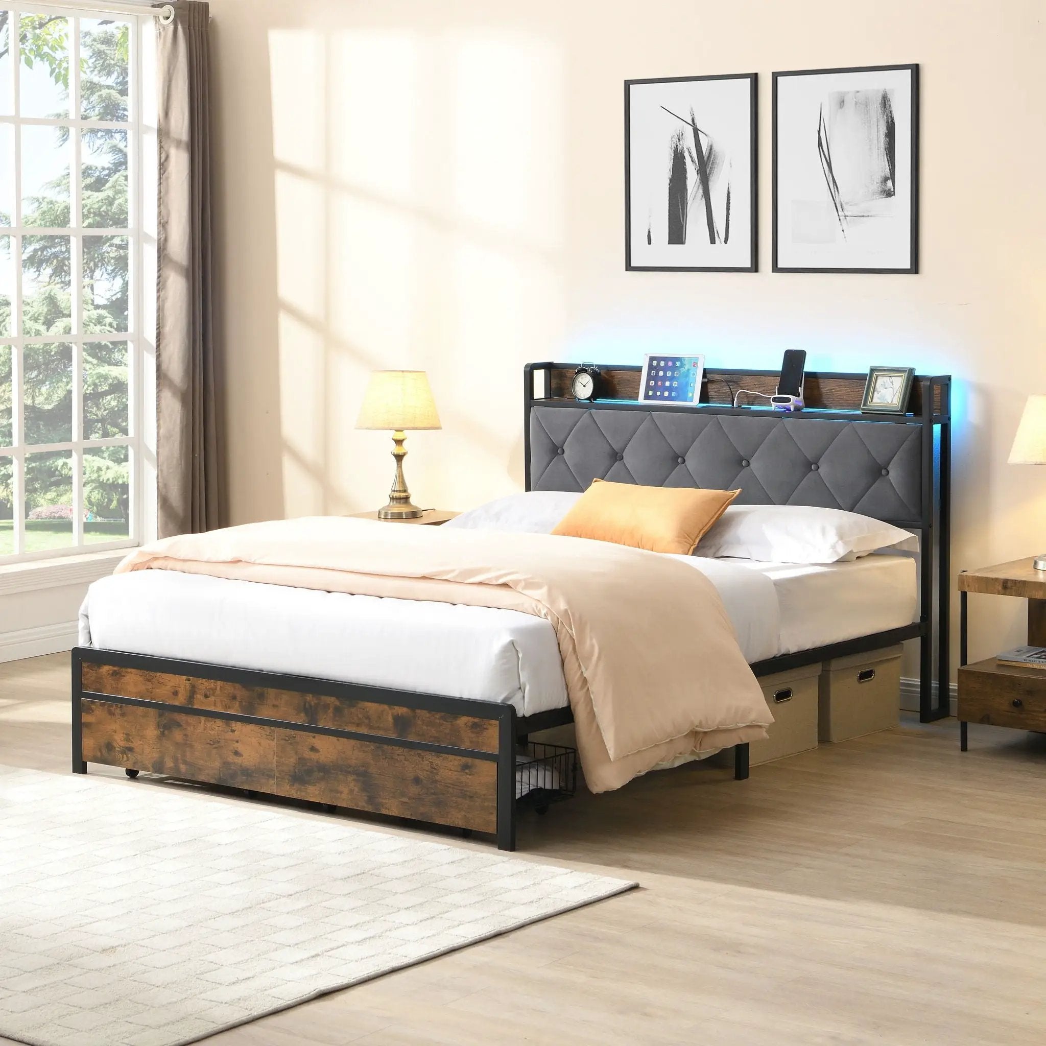 Modern Bed Frame With LED Lights, Upholstered Headboard, USB Charging by Unique Piece Furniture