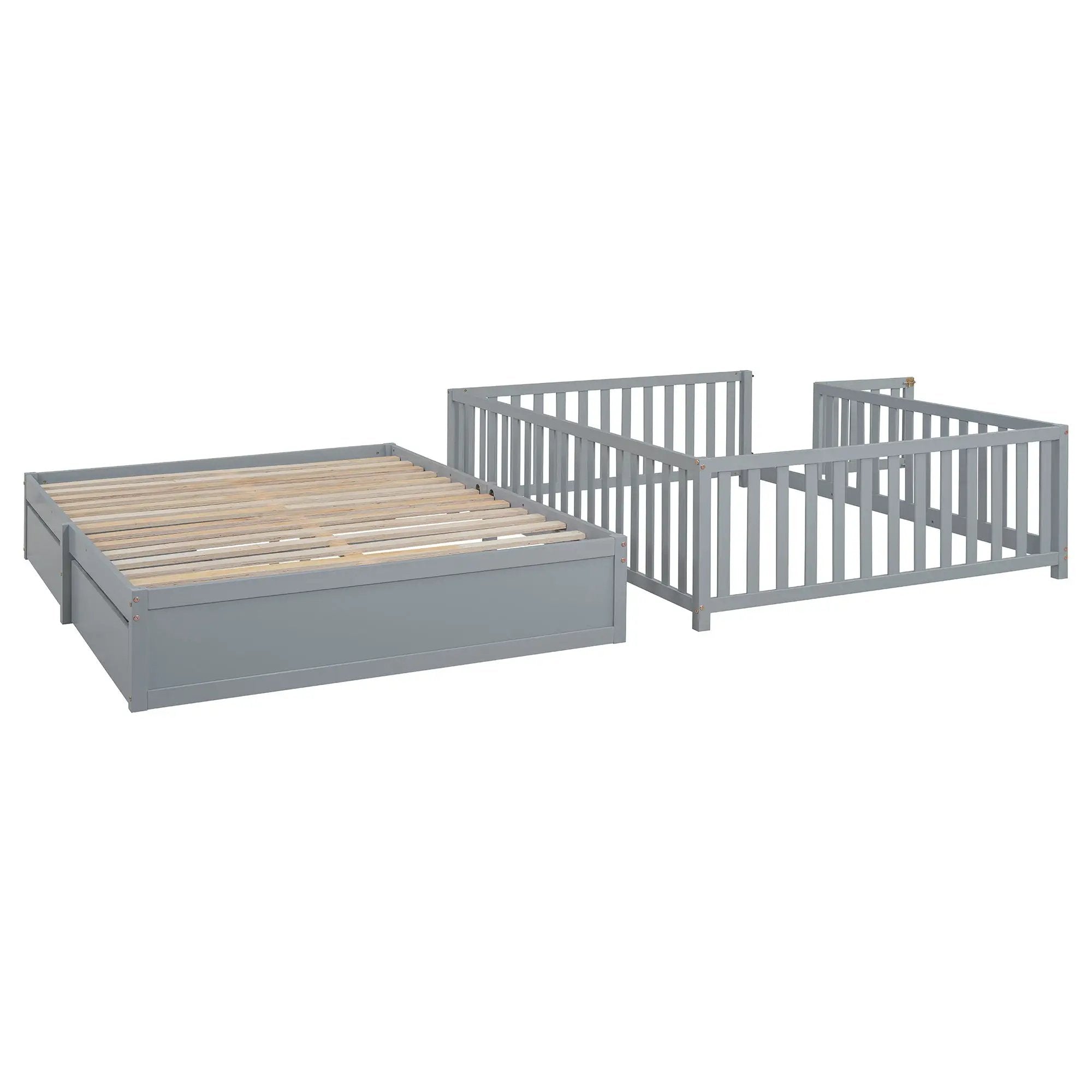 Daybed With Fence Guardrails And 2 Drawers, Split Into Independent Floor Bed & Daybed by HouseOfZazla