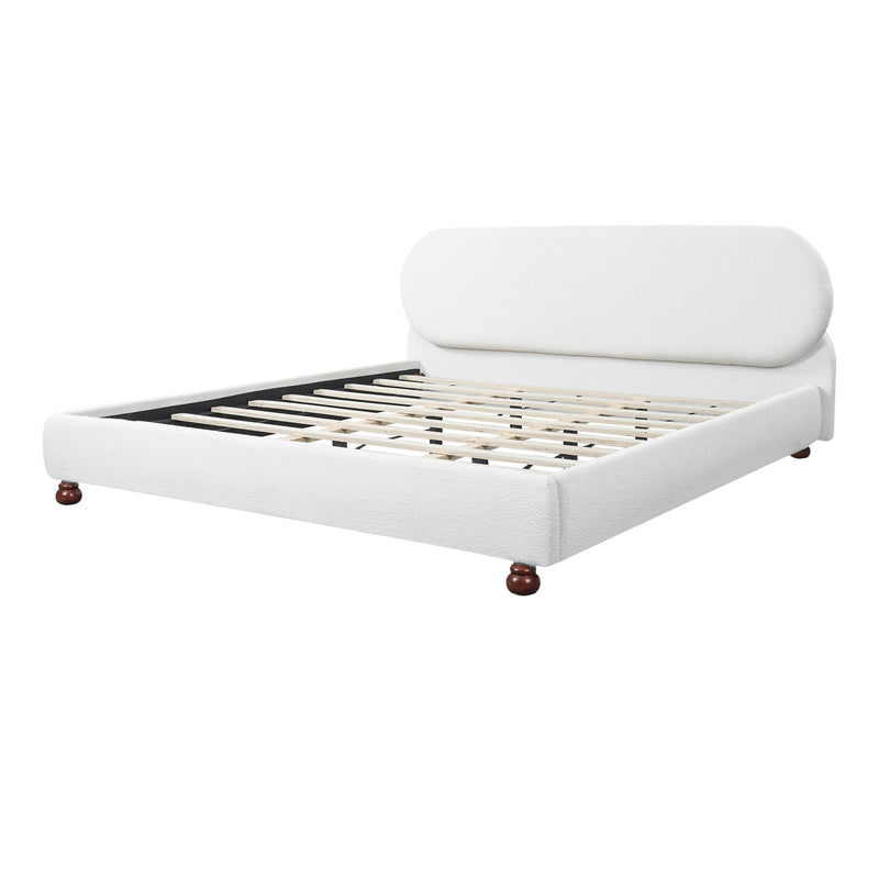 Cream-Colored Boucle Upholstered Bed with Rubber Wood Foot, King by HouseOfZazla