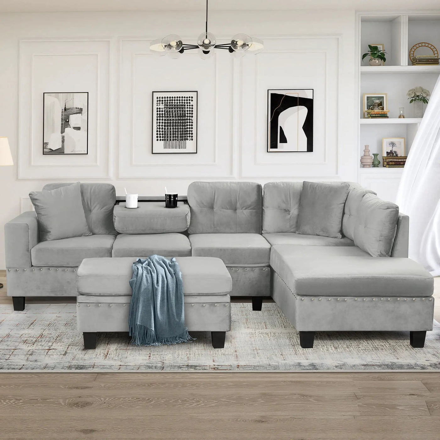 Modern Sectional Sofa With Storage Ottoman, L - Shape Couch With 2 Pillows And Cup Holders by HouseOfZazla