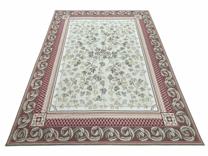 Aubusson Needlepoint Rug 9x12, Flatweave Carpet, Leaves, Wool, New, Handmade by Jewel Rugs