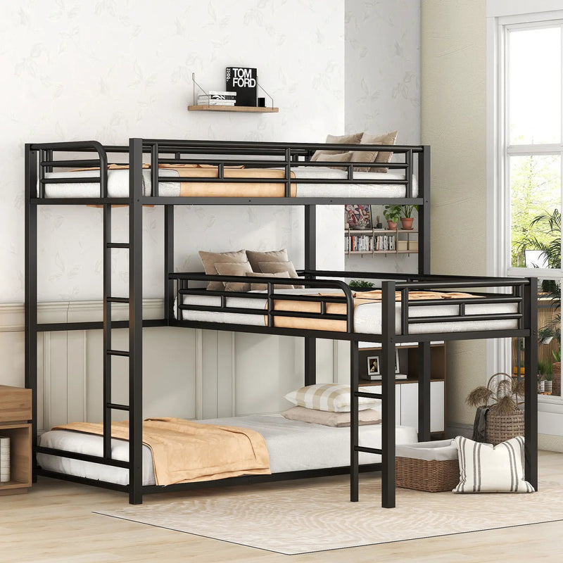 L-Shaped Triple Twin Size Bunk Bed, Industrial Design With Integrated Ladder And Full Length Guardrails - Black by Unique Piece Furniture