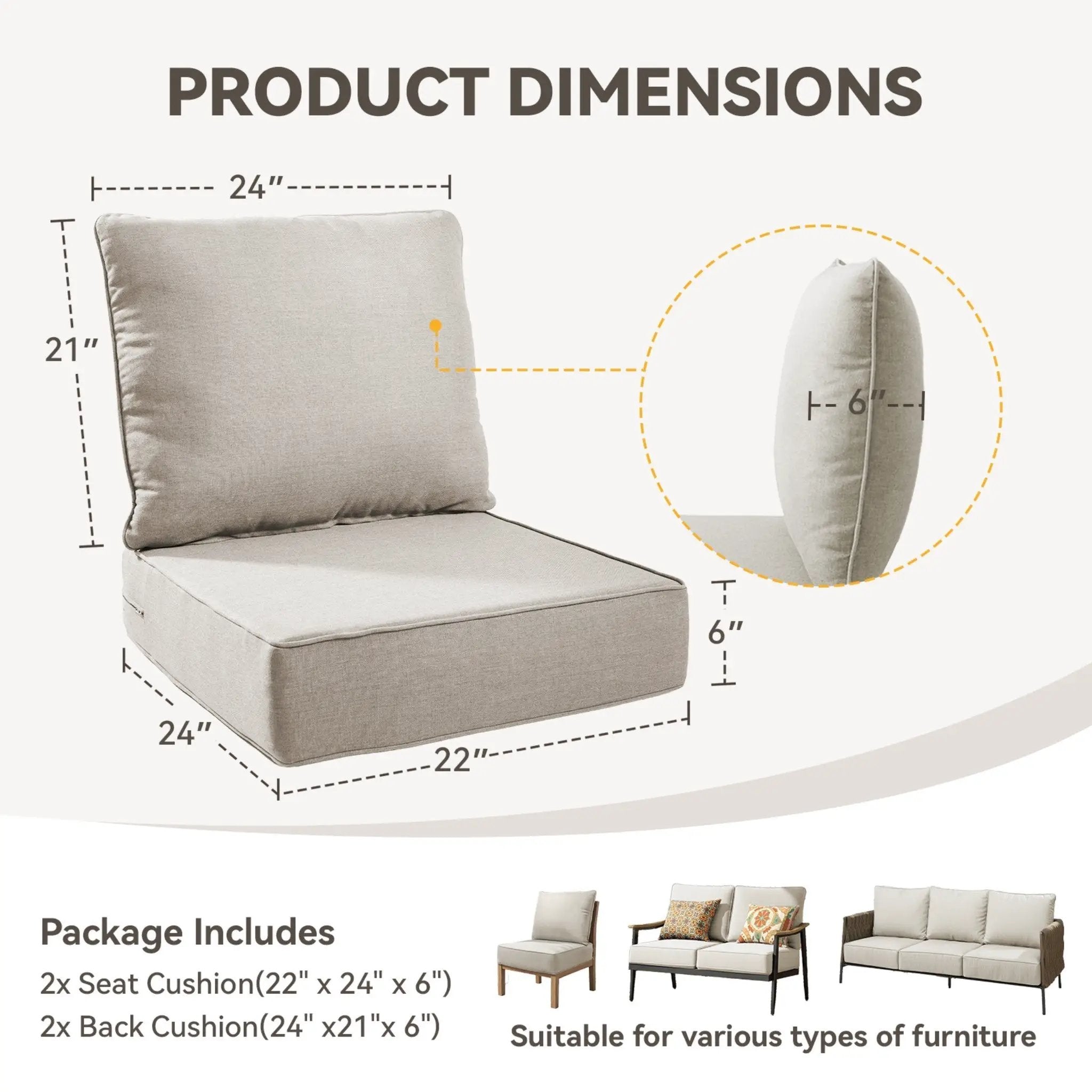 6" Thicker Outdoor Chair Cushion Set - Waterproof & Durable by HouseOfZazla