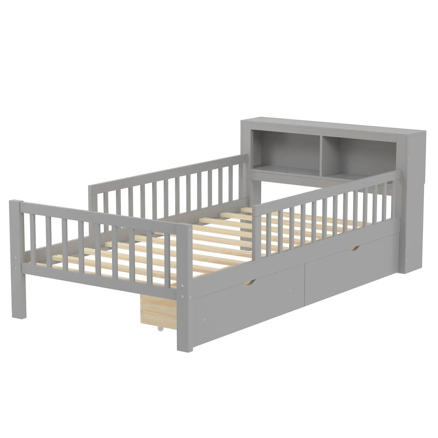 Bed With Headboard Storage Rack, 2 Under Bed Drawers, 3 Side Guardrails For Safety by HouseOfZazla