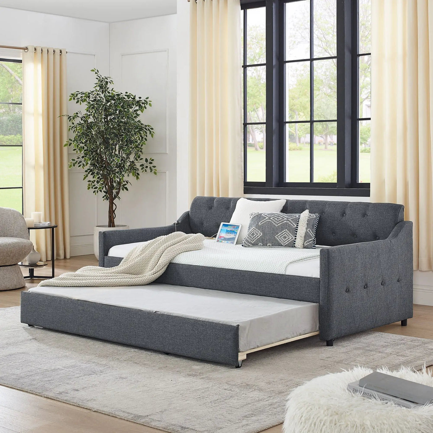 Size Upholstered Daybed With Trundle And USB Charging Armrest by HouseOfZazla