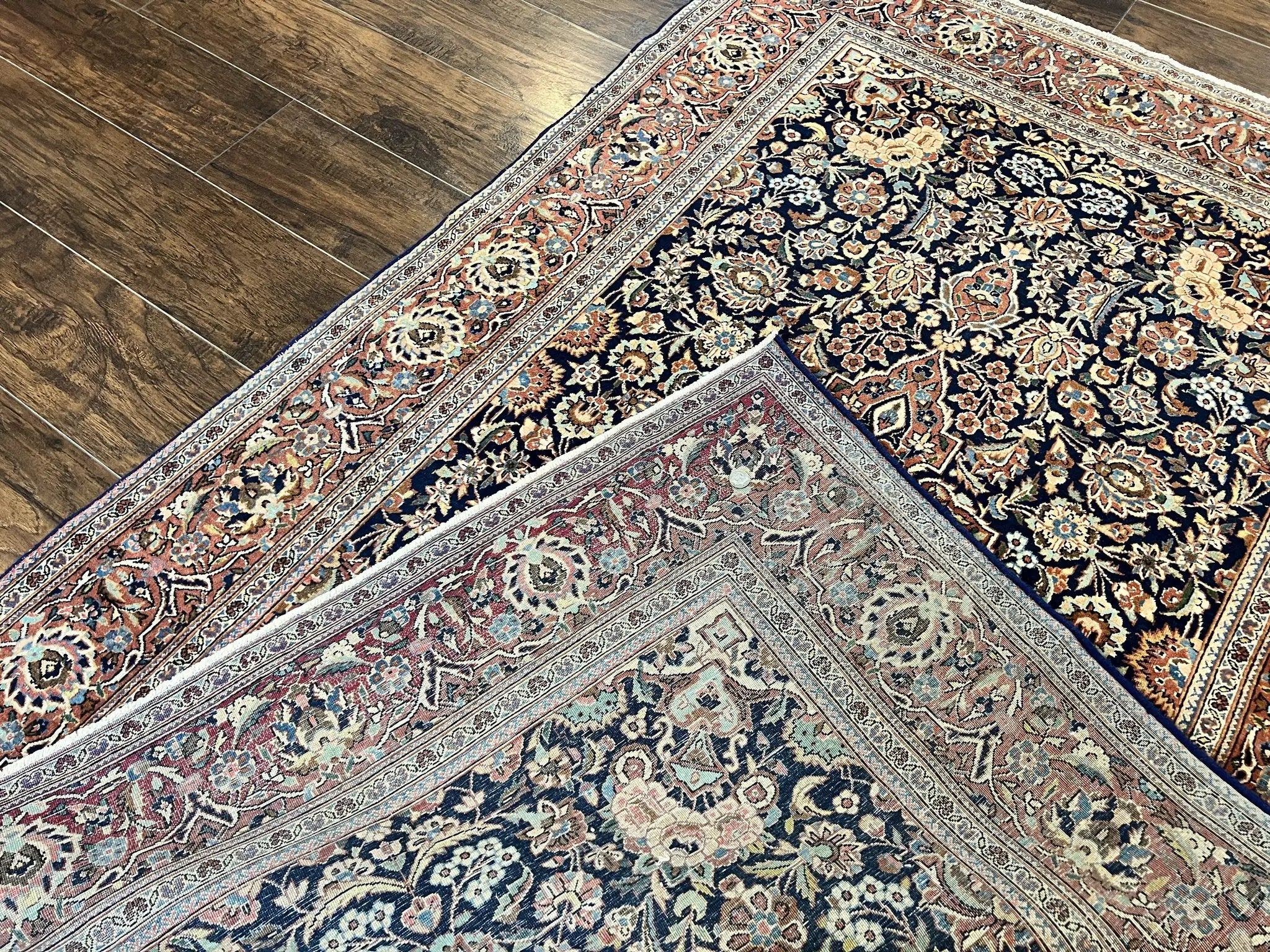 Persian Kashan Rug 4x7, Floral Medallion Vintage Handmade Hand Knotted Navy Blue & Red Wool Oriental Carpet, Highly Detailed Semi Antique Rug by Jewel Rugs