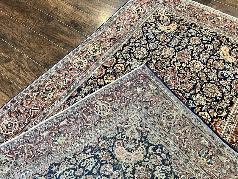 Persian Kashan Rug 4x7, Floral Medallion Vintage Handmade Hand Knotted Navy Blue & Red Wool Oriental Carpet, Highly Detailed Semi Antique Rug by Jewel Rugs