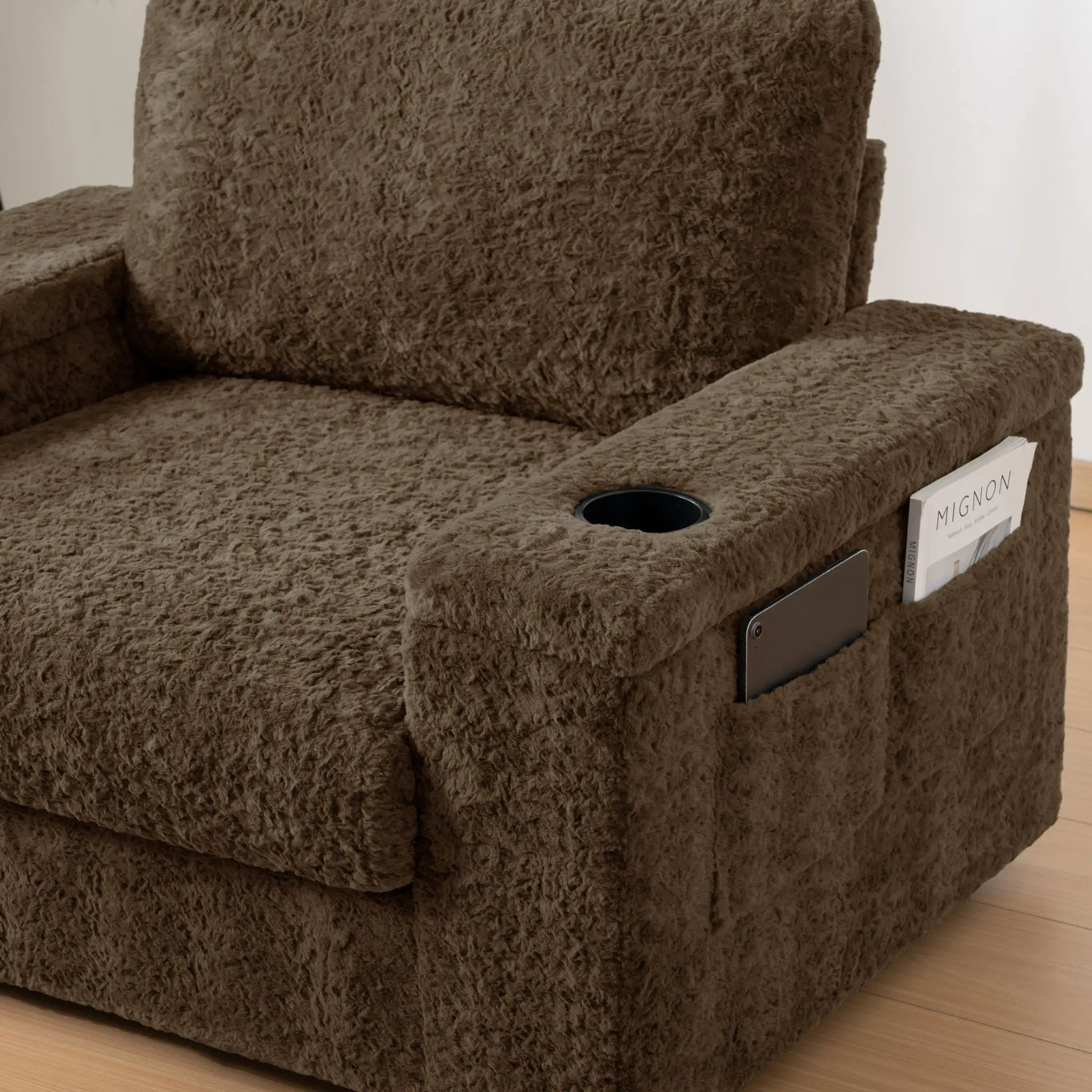 Oversized Chaise Lounge Indoor Rabbit Fur Sofa Bed With Storage Ottoman And Armrests Cup Holders With Deep Seat by HouseOfZazla