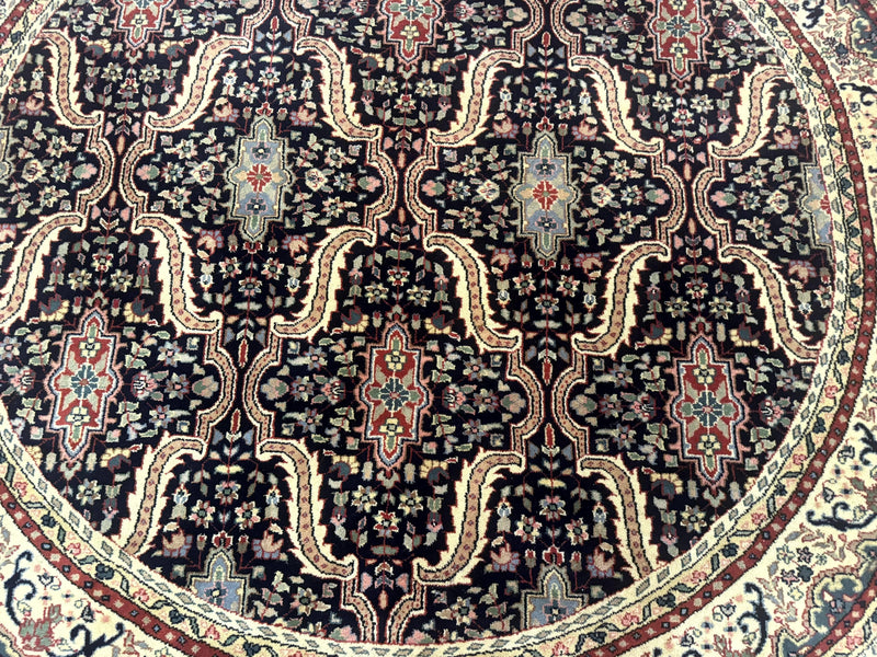 Round Indo Persian Rug 6x6, Indian Bidjar Rug, Navy Blue and Beige by Jewel Rugs