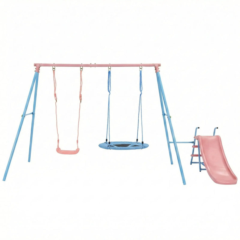 Xns107 - 2 Swing Set With Slide For Outdoor - Blue / Pink by HouseOfZazla