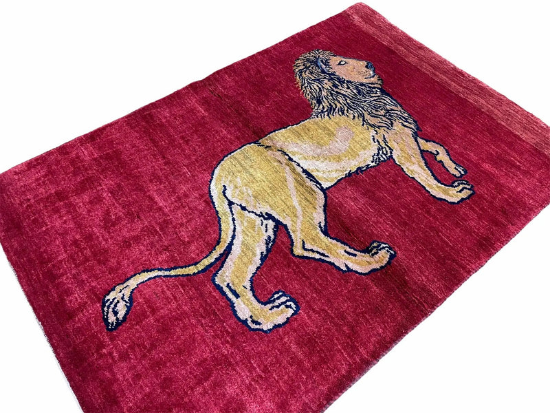3 X 5 Handmade Hand-Knotted Rug Quality Wool Pictorial Lion Red Organic Dyes by Jewel Rugs